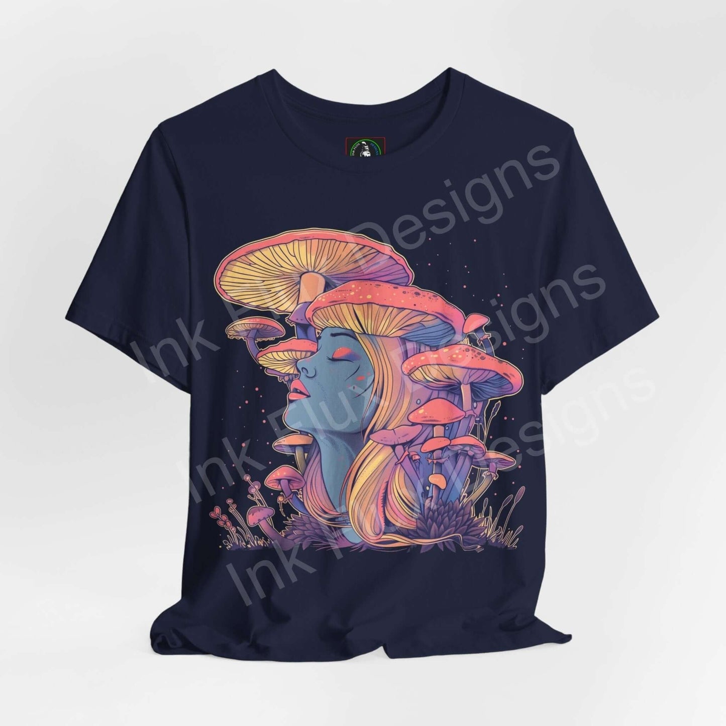 Unisex navy blue T-shirt with psychedelic mushroom and face graphic design, showcasing vibrant, trippy colors and bold graphics.