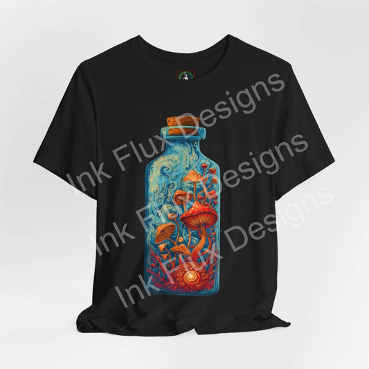 Psychedelic T-Shirt featuring glowing mushrooms in a bottle design on a black tee.