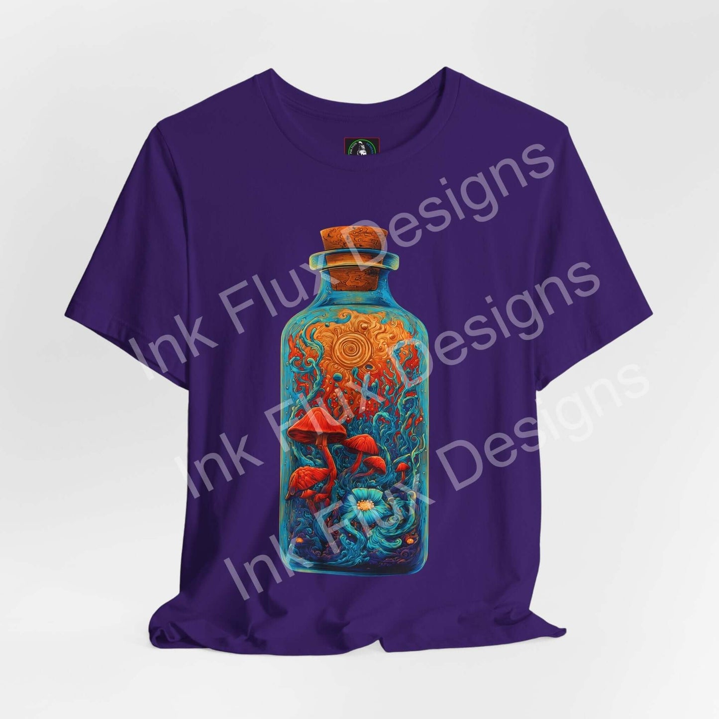 Psychedelic T-Shirt featuring surreal mushroom bottle graphic on a purple background.