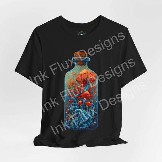Psychedelic T-Shirt featuring surreal mushroom art in a glass bottle with flowing ocean-like textures.