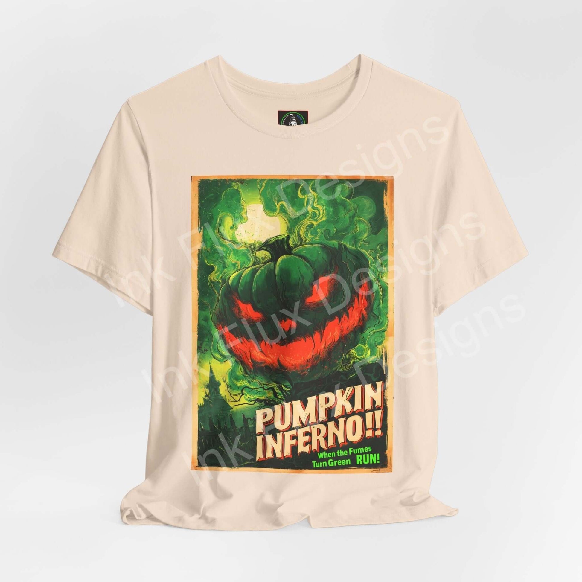 Unisex graphic T-shirt featuring bold artwork titled Pumpkin Inferno, perfect for comfortable everyday wear.