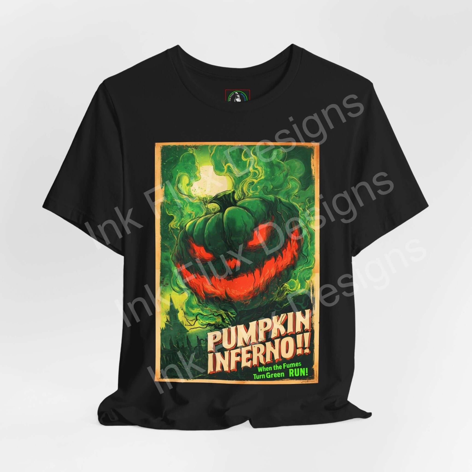 Unisex black graphic T-shirt featuring vibrant Pumpkin Inferno design, perfect for everyday wear and layering.