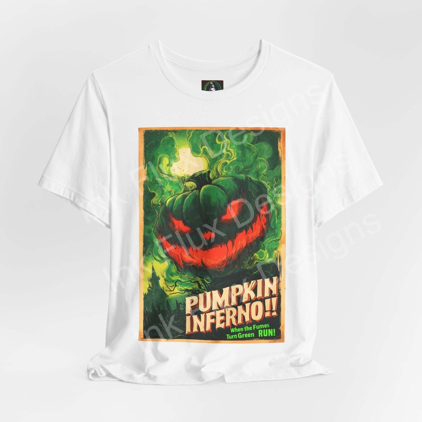 Pumpkin Inferno unisex graphic t-shirt featuring a vibrant pumpkin design with spooky elements.
