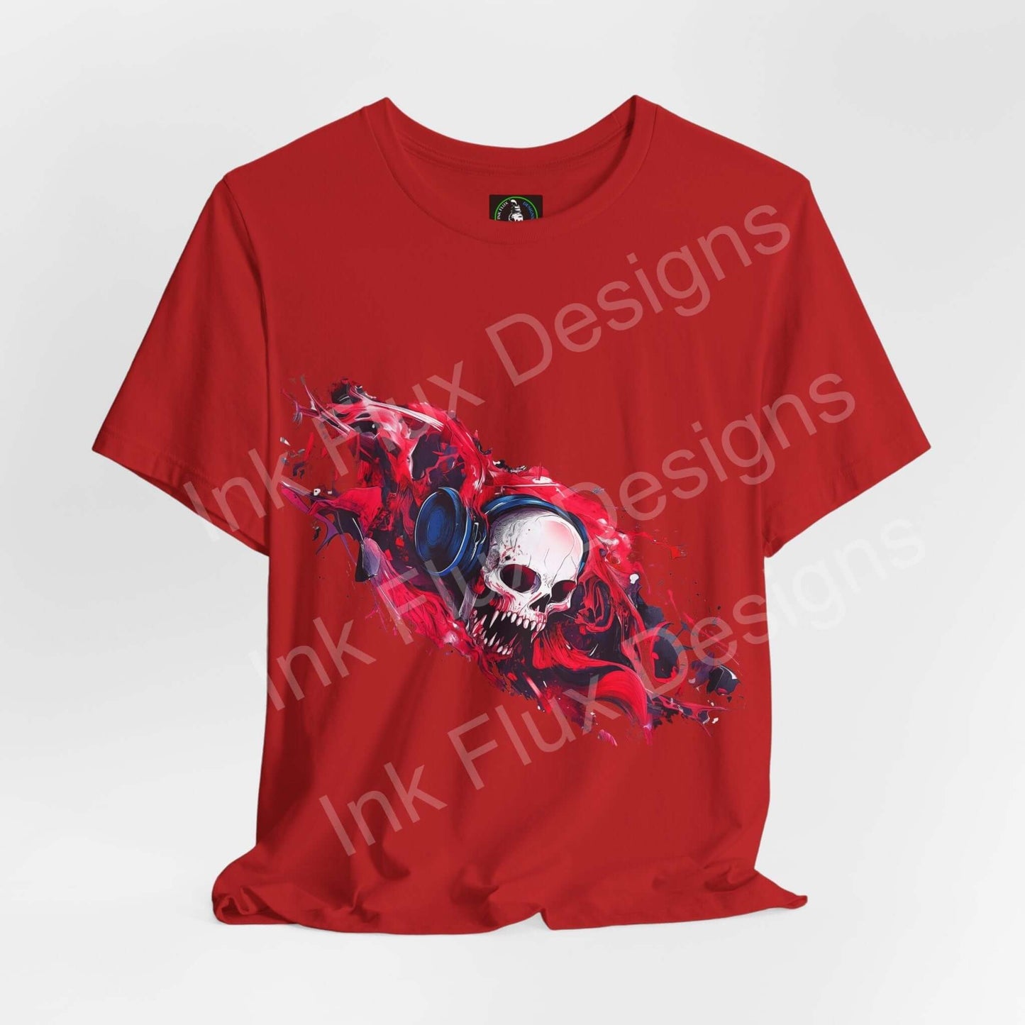 Red unisex T-shirt by Ink Flux Designs featuring a striking skull graphic, crafted from breathable Airlume cotton.