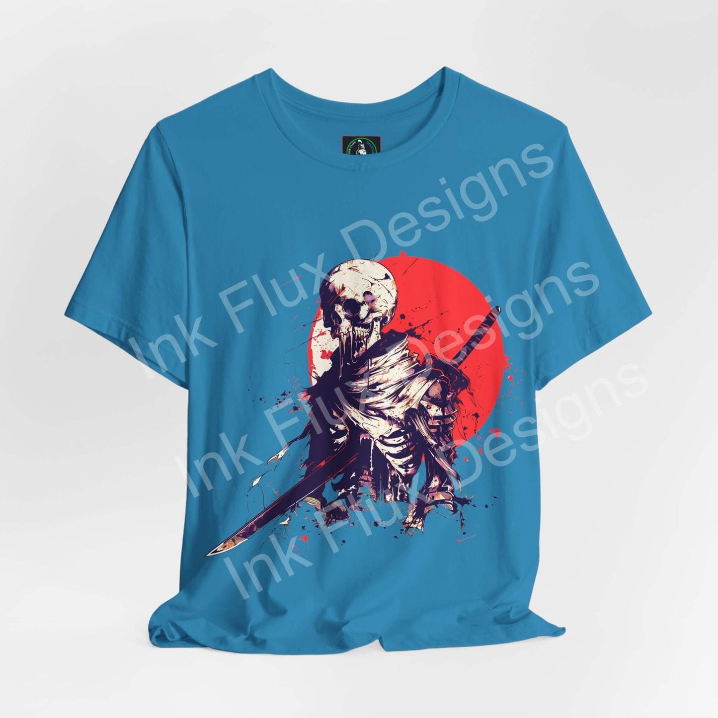 Shattered Warrior T-shirt by Ink Flux Designs, featuring a striking design on a blue background.