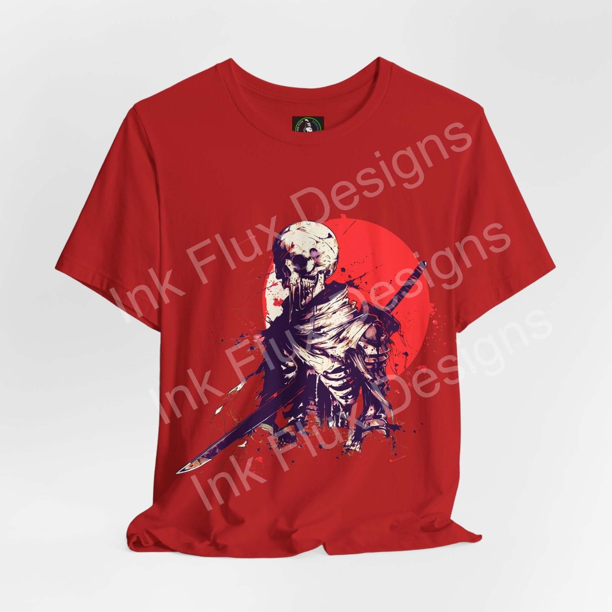 Skull Warrior T-Shirt featuring a fractured skull graphic on a red background by Ink Flux Designs.