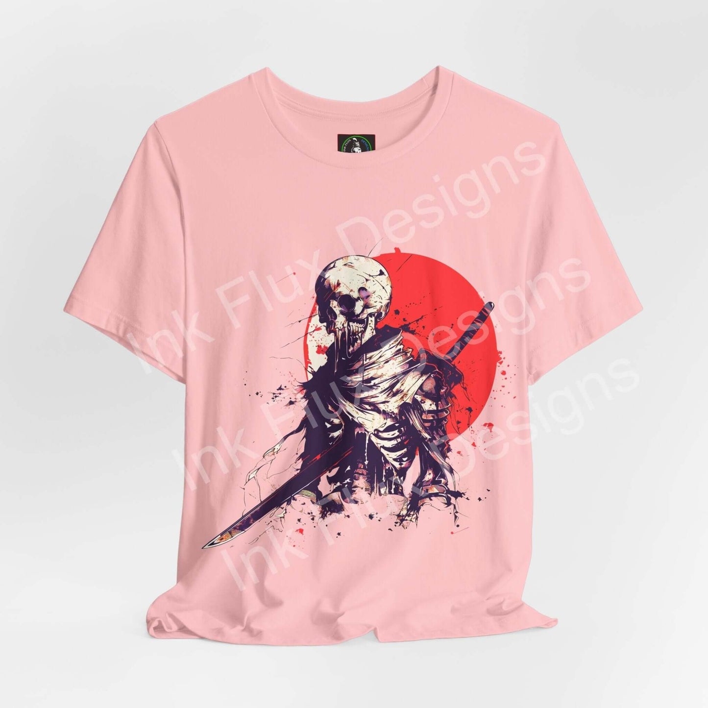 Shattered Warrior T-shirt by Ink Flux Designs featuring skeleton art on a pink jersey tee, ideal for style and comfort.