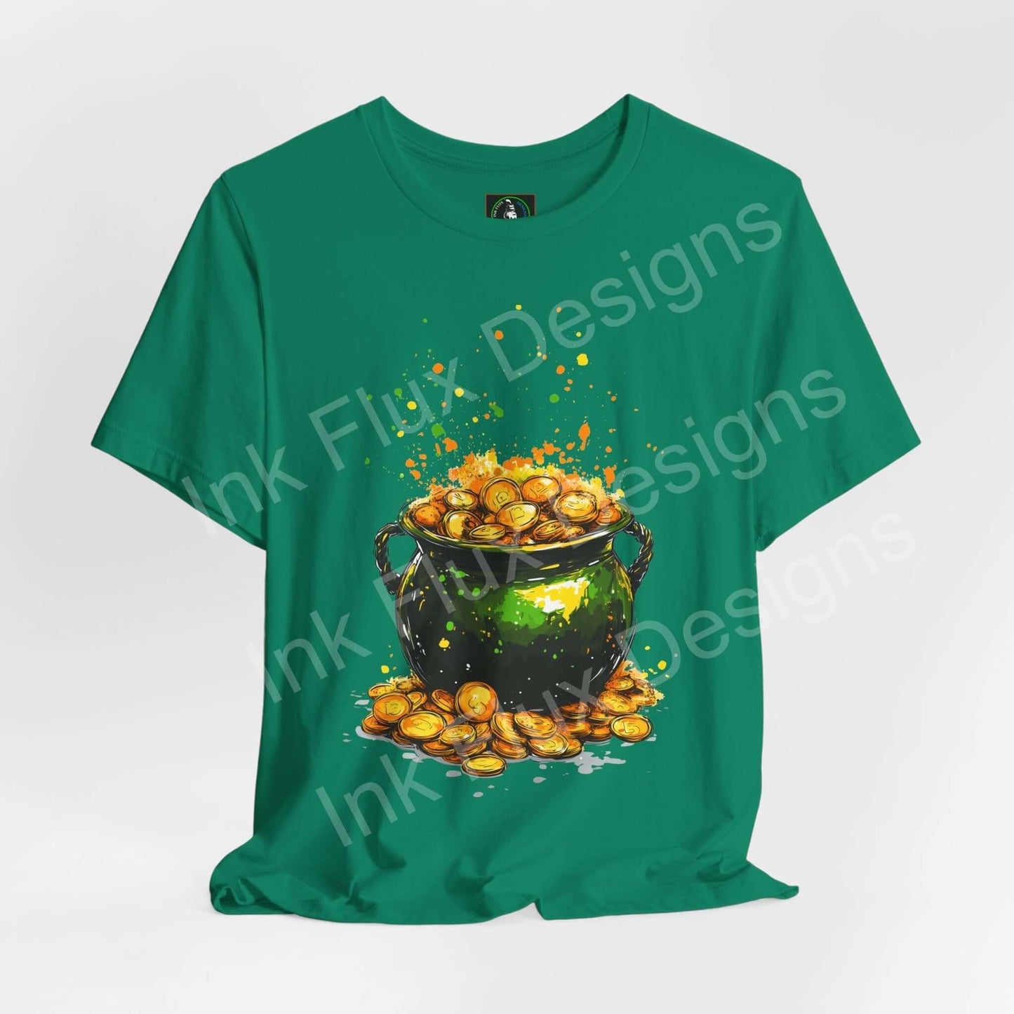 Green T-shirt featuring a colorful pot of gold design, made from breathable Airlume cotton for comfort and style.