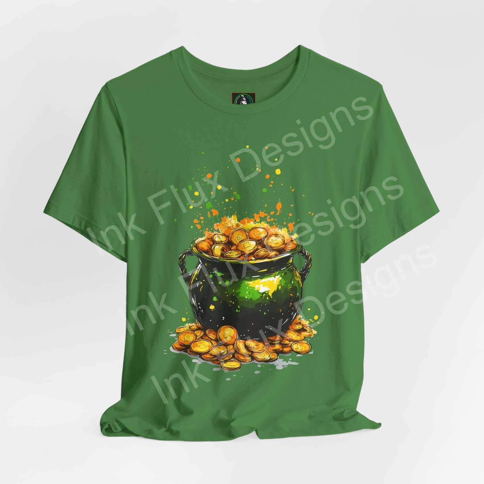 st patricks day pot of gold t-shirt featuring a vibrant pot overflowing with gold coins and colorful accents.