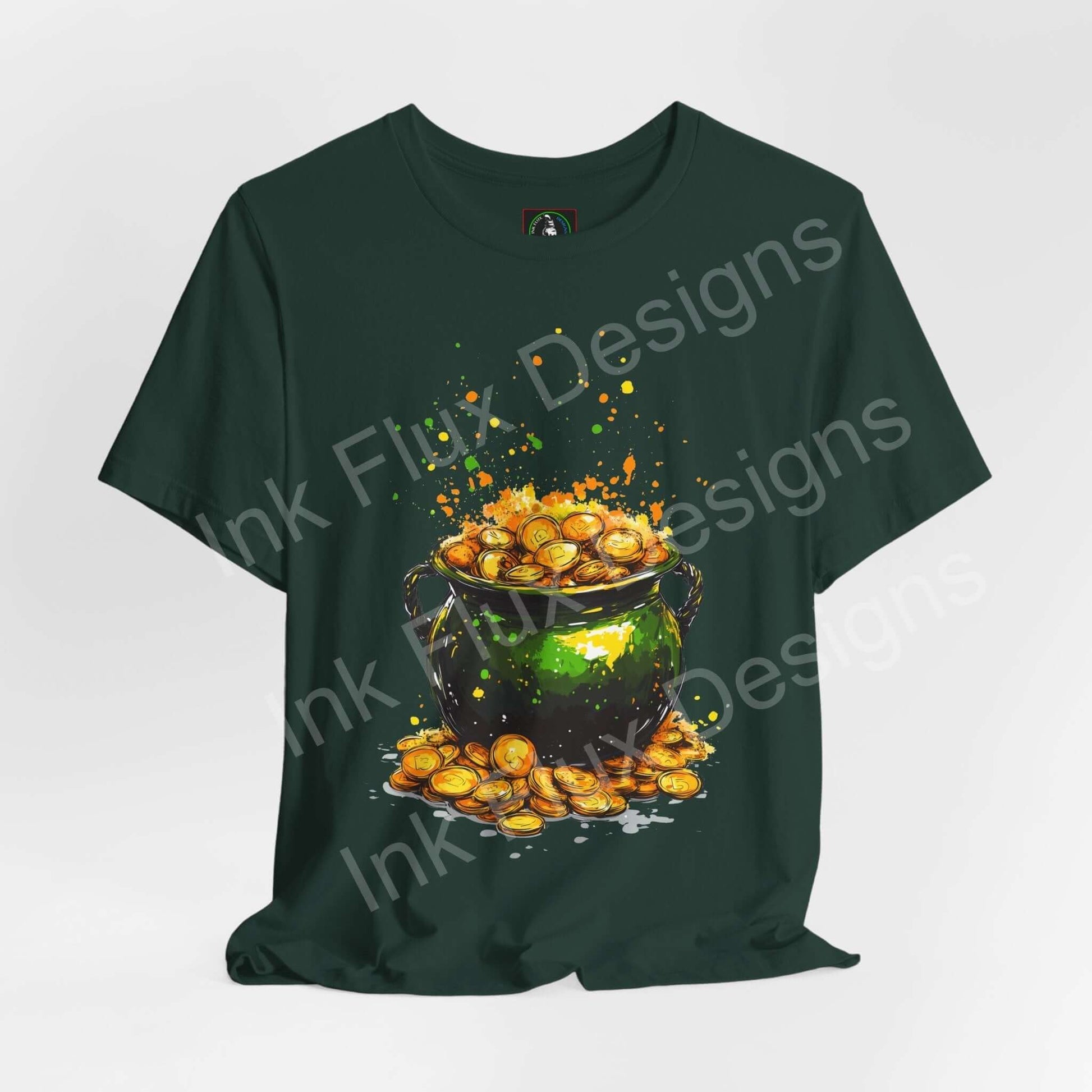 st patricks day pot of gold t-shirt with a vibrant graphic of a pot overflowing with coins by Ink Flux Designs.