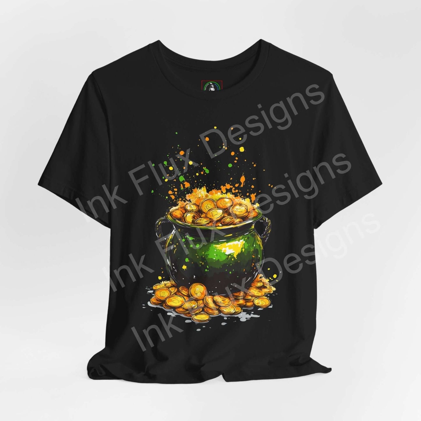 Unisex black T-shirt featuring a vibrant pot of gold design, made from breathable Airlume cotton for ultimate comfort.