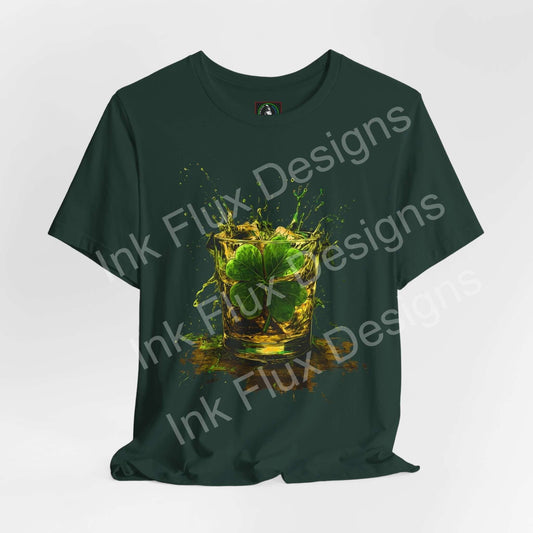 St. Patrick's Day T-Shirt featuring a shamrock burst design with a glass and clover splash.