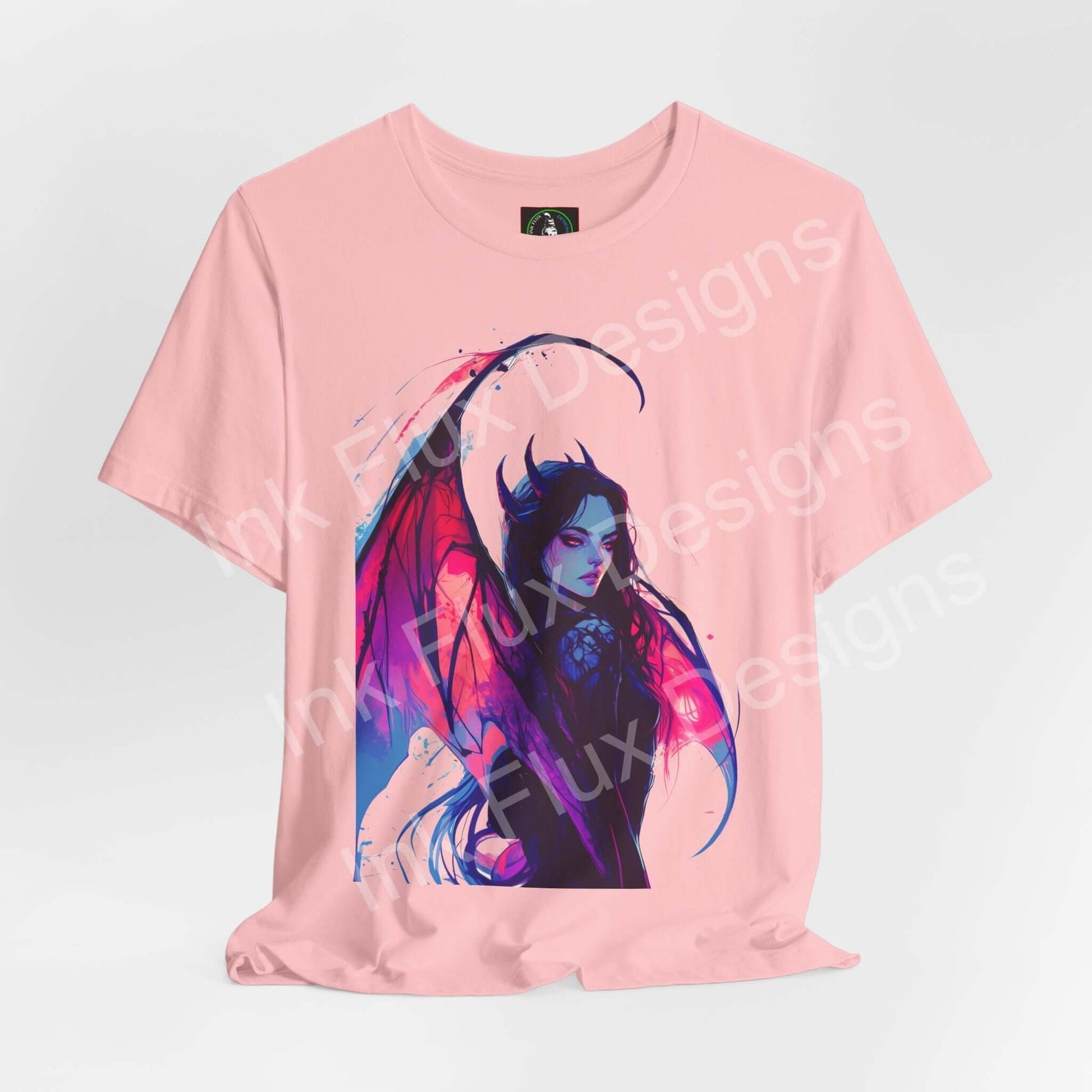 Succubus III T-shirt by Ink Flux Designs, featuring a vibrant graphic design on a pink unisex tee.