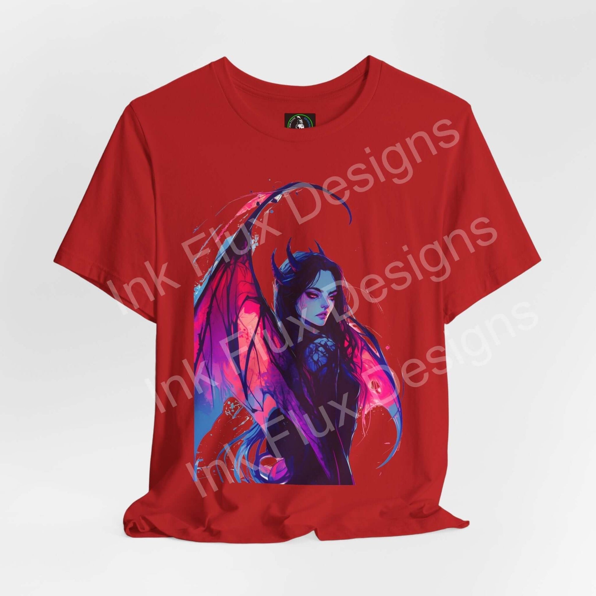Red T-shirt featuring Succubus artwork by Ink Flux Designs, crafted for comfort and style, perfect for any occasion.