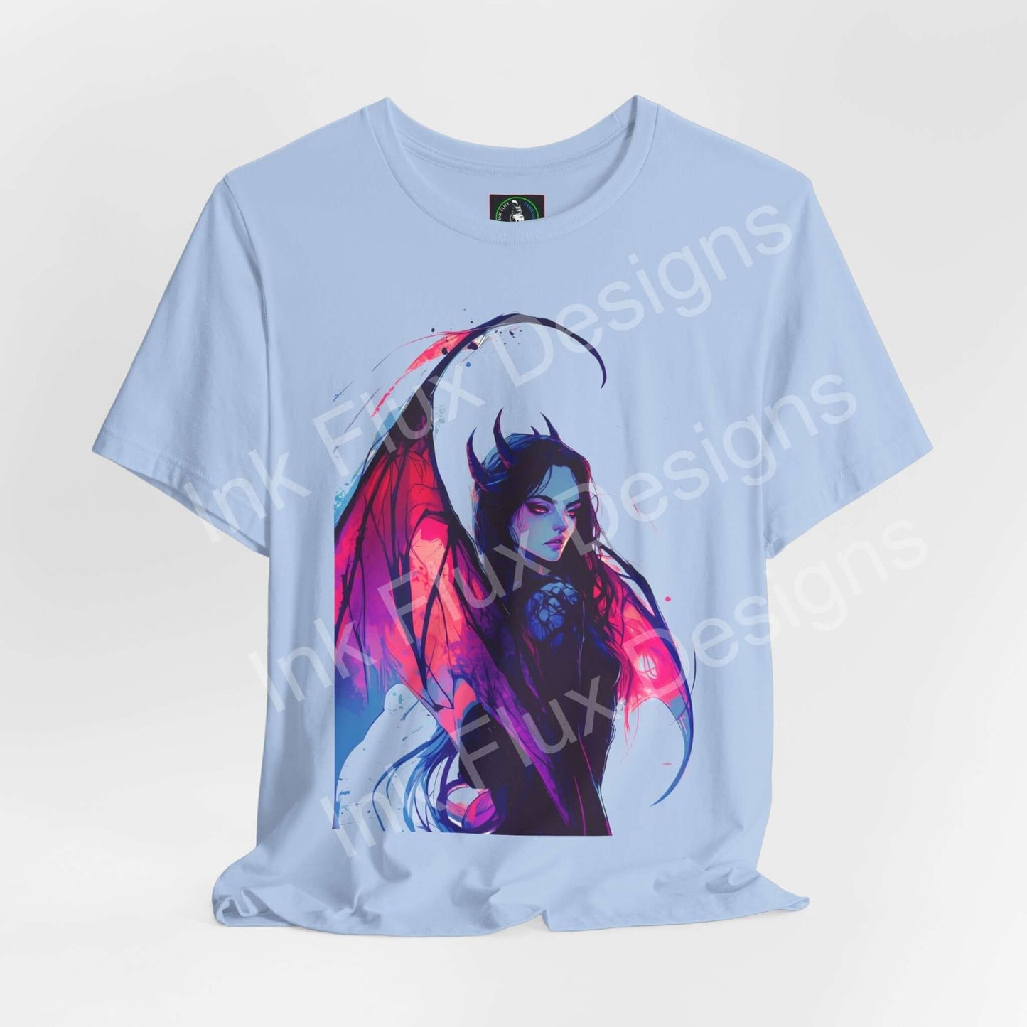 Succubus III unisex T-shirt by Ink Flux Designs featuring a colorful artwork of a demoness on a light blue background.