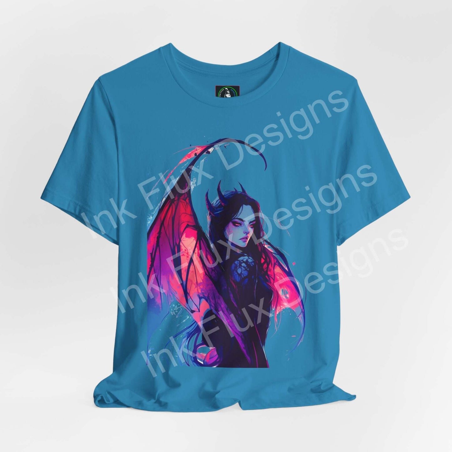 Blue unisex T-shirt featuring vibrant Succubus III design by Ink Flux Designs, perfect blend of comfort and style.