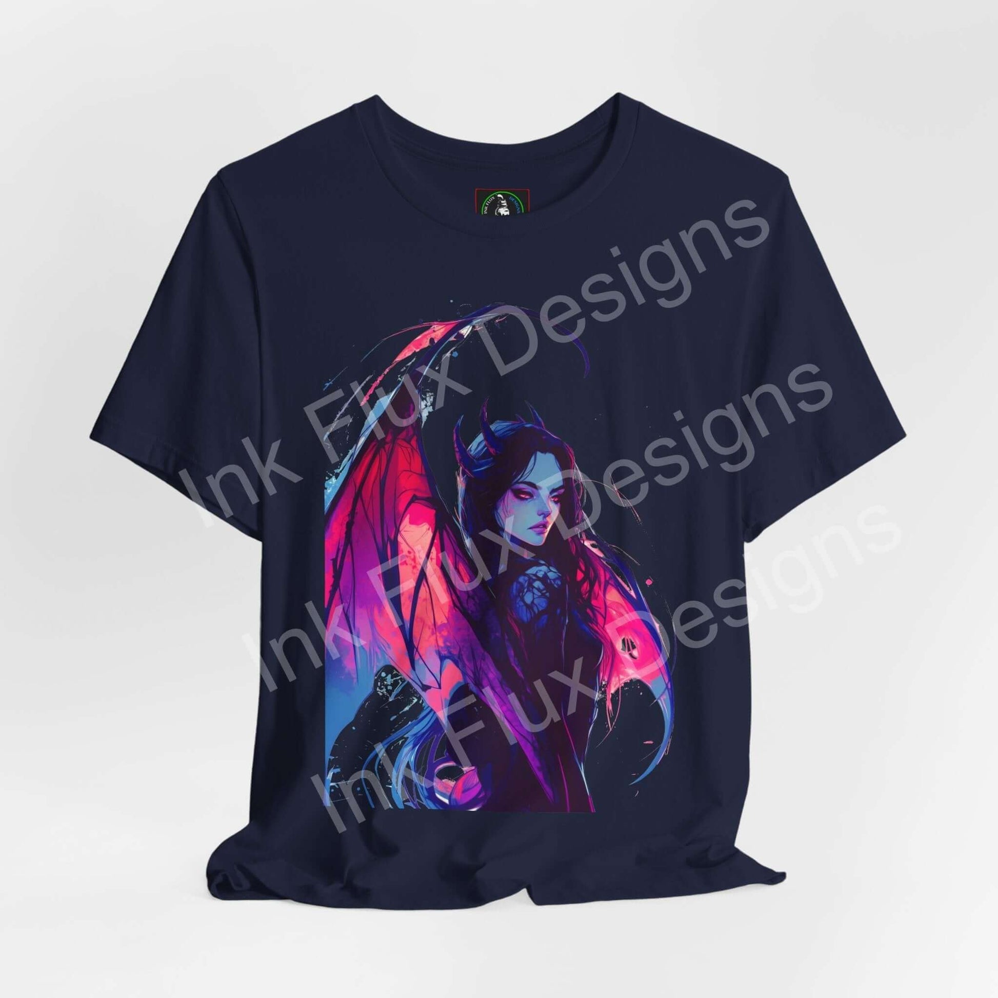 Succubus t-shirt featuring dark fantasy demon art by Ink Flux Designs with vivid colors and a haunting design.