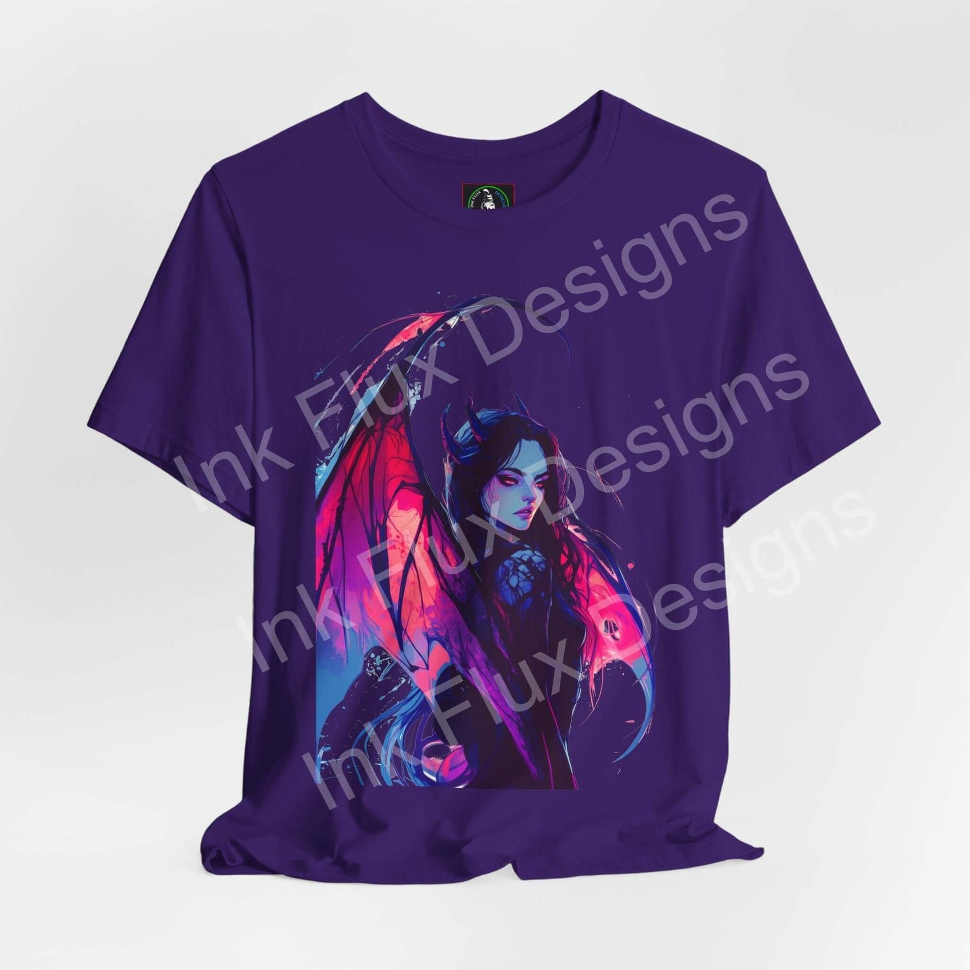 Unisex purple T-shirt featuring a vibrant succubus graphic by Ink Flux Designs, perfect for comfort and style.