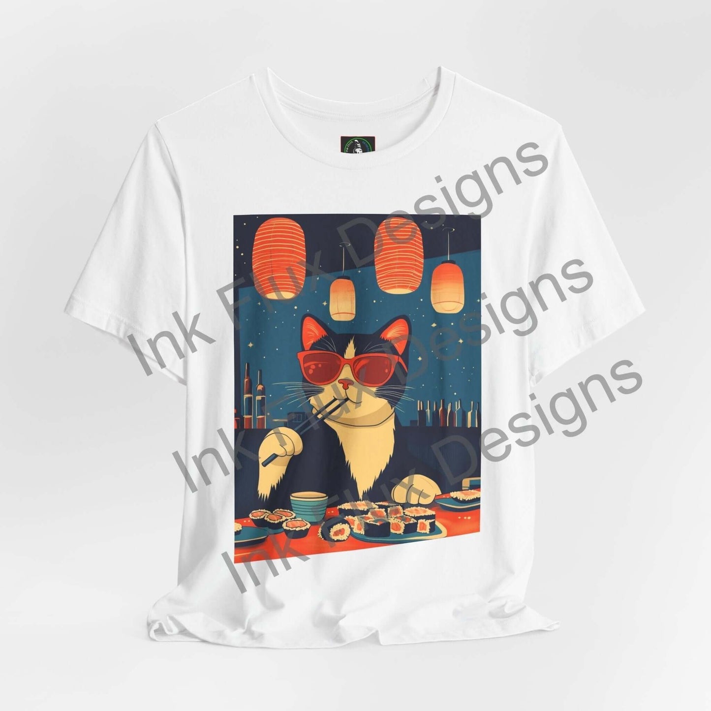 Tuna Dreams T-Shirt featuring a cat in sunglasses enjoying sushi on a vibrant design by Ink Flux Designs.