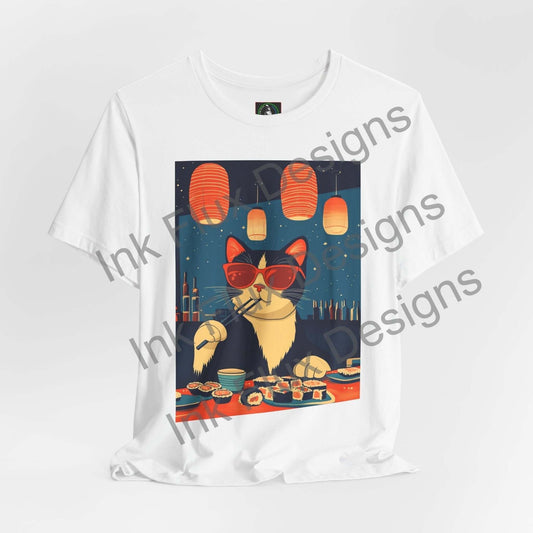 Tuna Dreams T-Shirt featuring a cat in sunglasses enjoying sushi on a vibrant design by Ink Flux Designs.