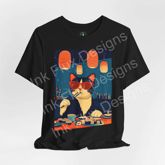 Tuna Dreams T-Shirt – Unisex Artistic Graphic Tee featuring a cat enjoying sushi in stylish sunglasses.
