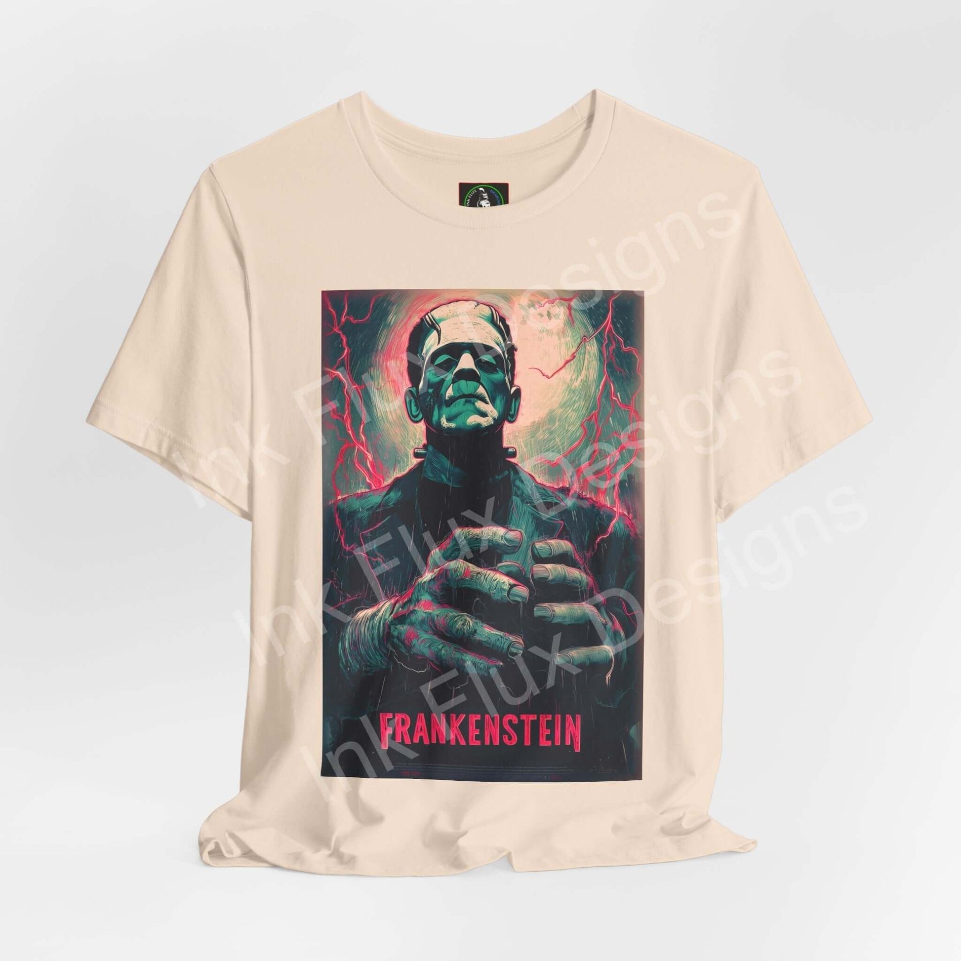 Frankenstein t-shirt featuring a vibrant graphic design of the iconic monster by Ink Flux Designs.