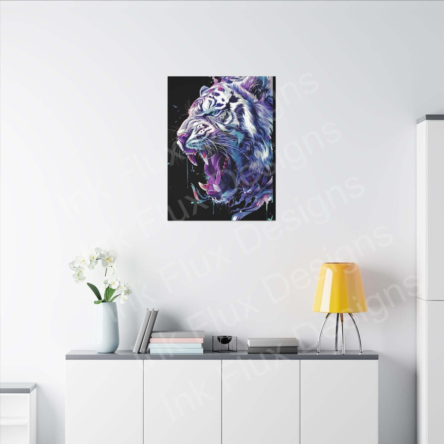 Stretched white tiger matte canvas artwork by Ink Flux Designs displayed in modern interior setting.
