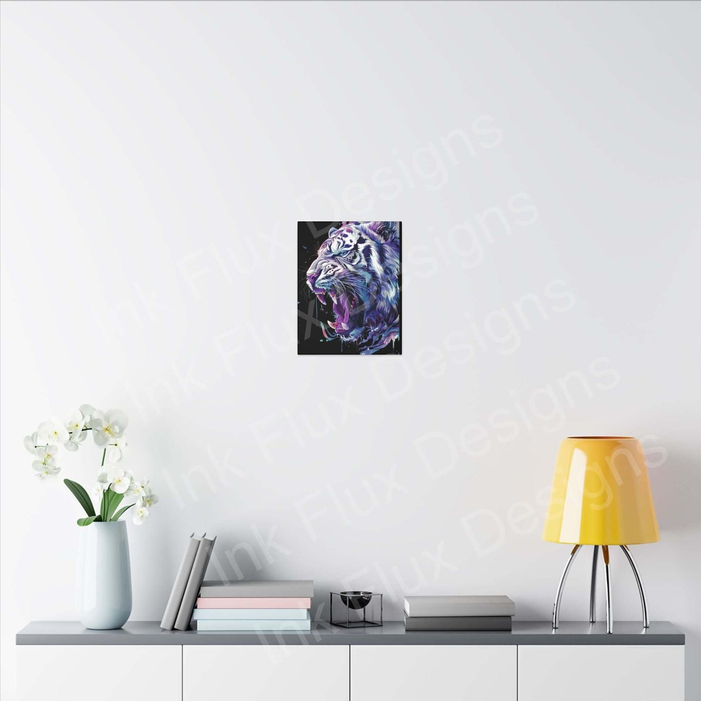 White Tiger matte canvas art by Ink Flux Designs displayed on a modern wall shelf with decor accents.