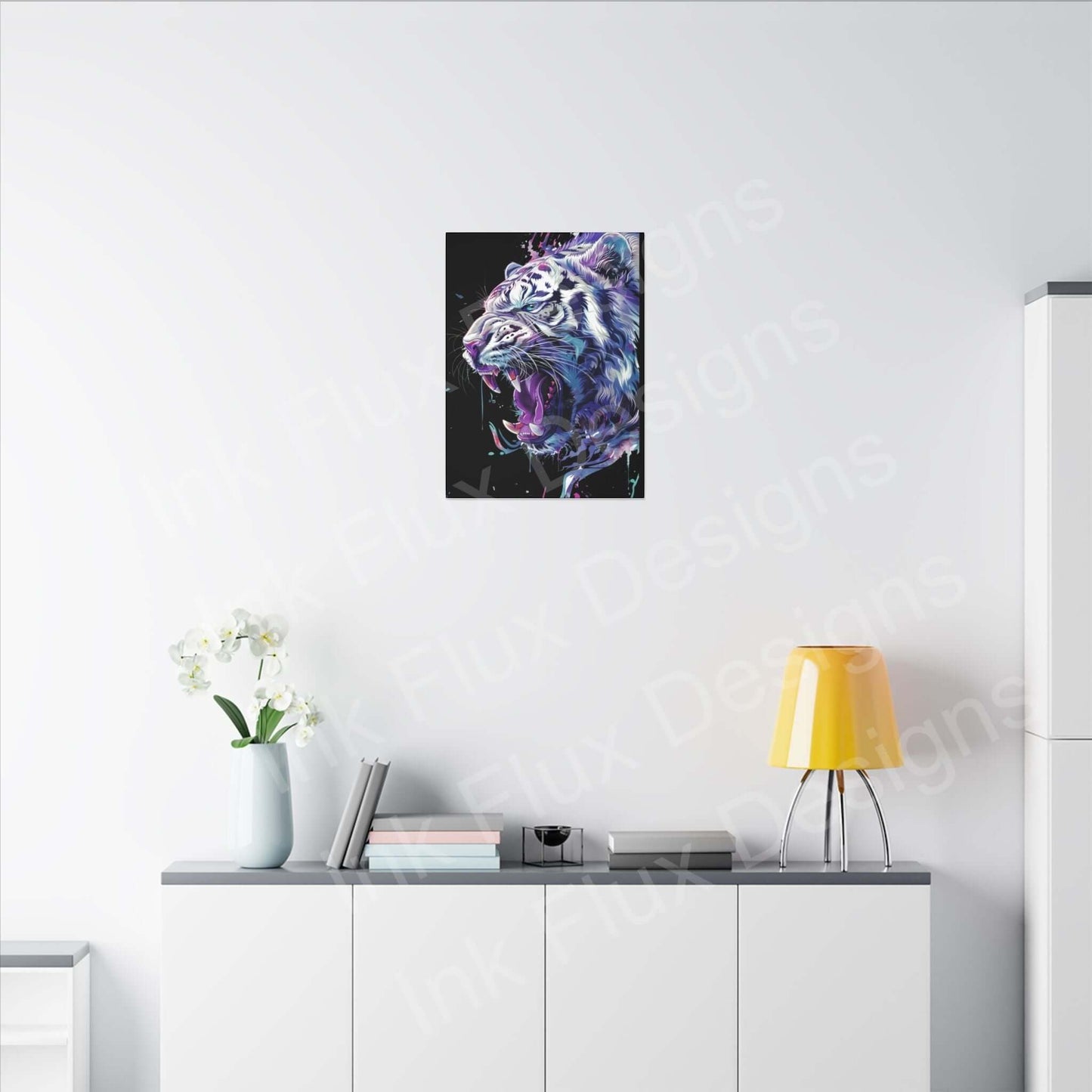 White Tiger Matte Canvas by Ink Flux Designs, featuring vibrant colors, perfect for artwork and home decor.