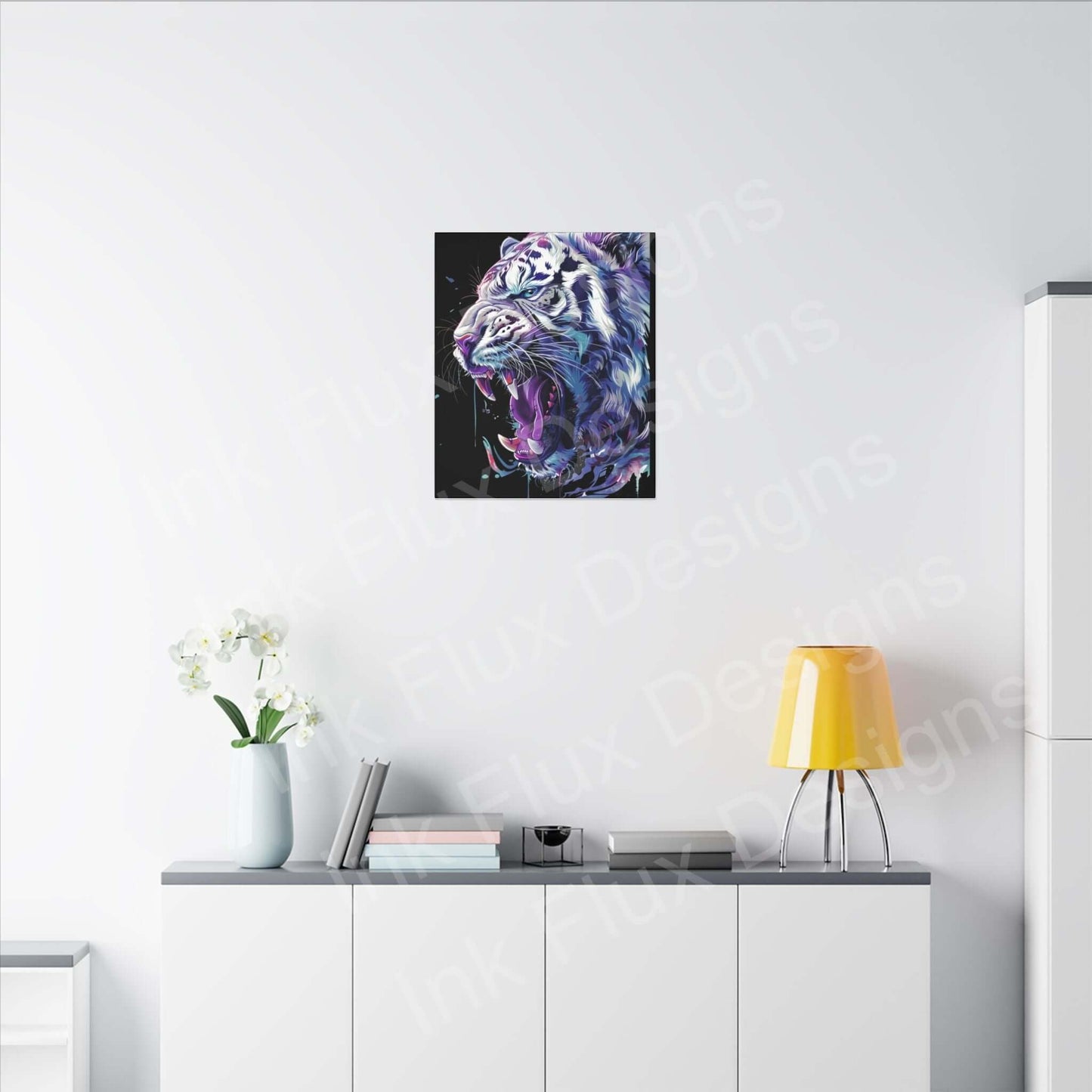 Stunning White Tiger matte canvas by Ink Flux Designs, perfect for adding a bold touch to any room.