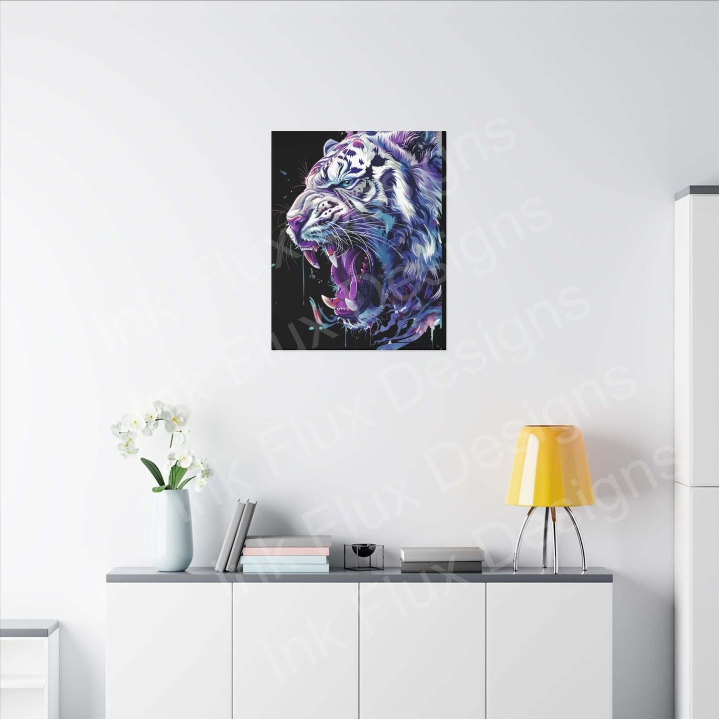 White Tiger Matte Canvas by Ink Flux Designs, showcasing vibrant colors and details in modern interior decor.