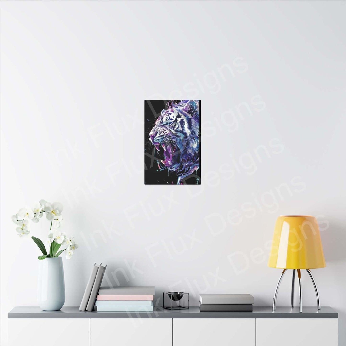 Vibrant matte canvas featuring a white tiger artwork by Ink Flux Designs, displayed in a modern home setting.
