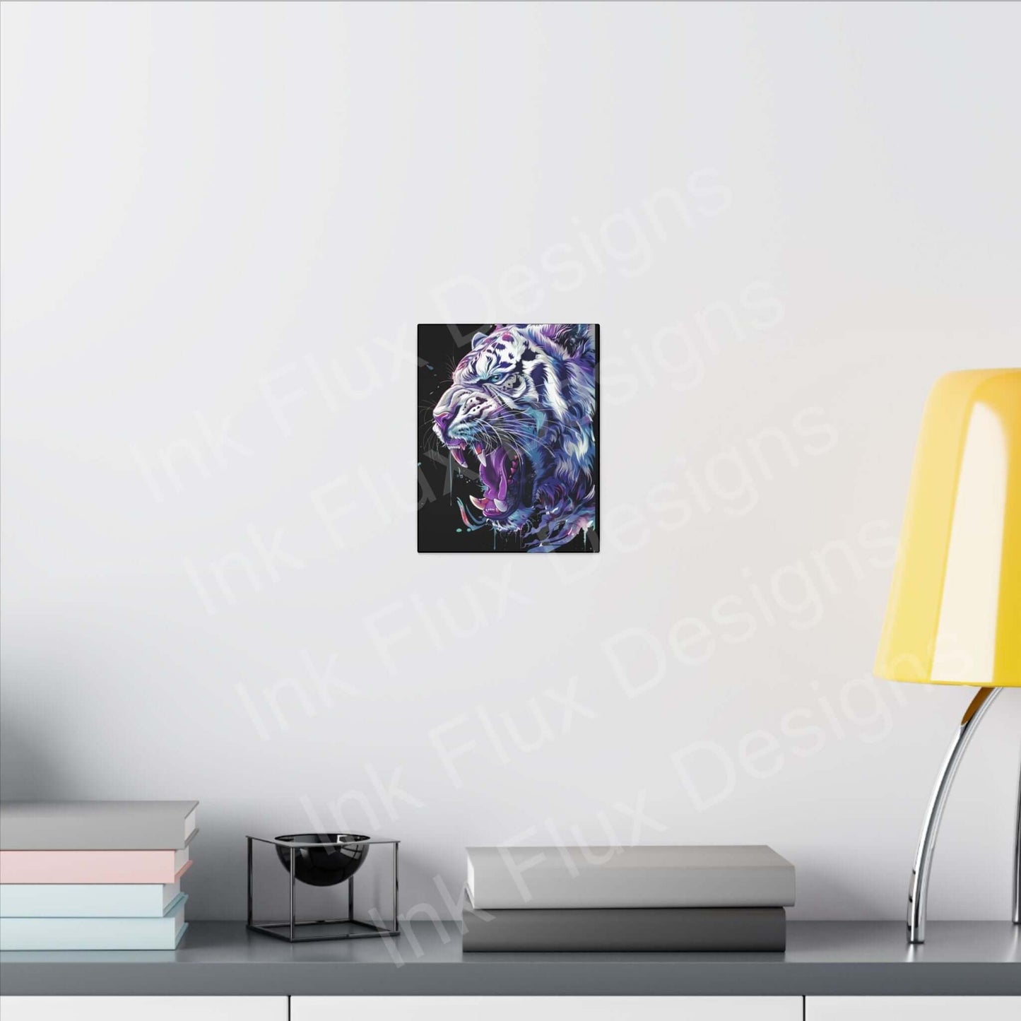 Vibrant artwork of a white tiger on matte canvas by Ink Flux Designs, displayed with modern decor.