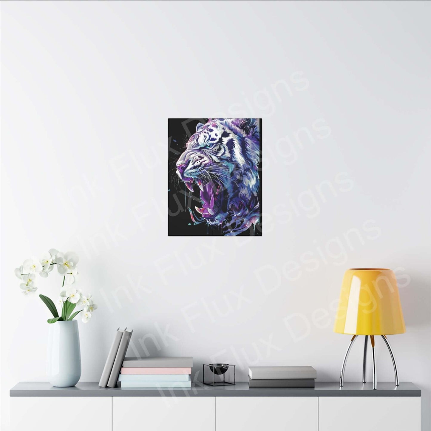 Vibrant white tiger art on matte canvas by Ink Flux Designs, enhancing a stylish interior decor setting.