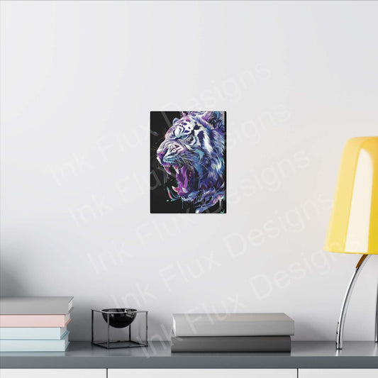 White Tiger matte canvas art by Ink Flux Designs, perfect for home decor and custom artwork display.