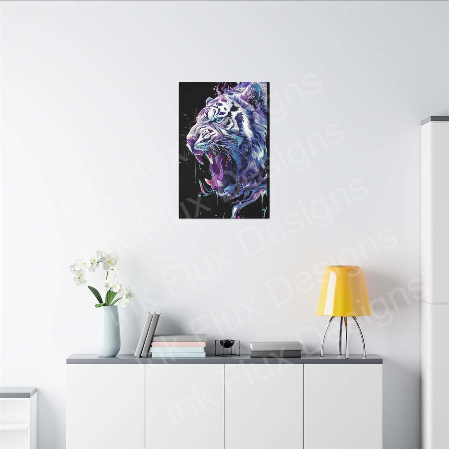 White Tiger Matte Canvas by Ink Flux Designs, showcasing vibrant artwork in a modern interior setting.