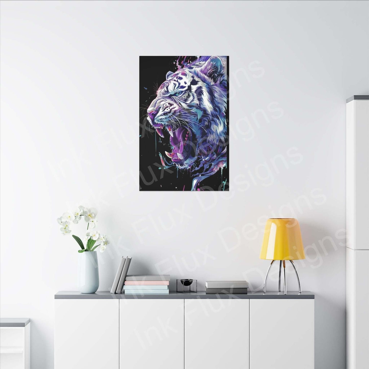 Vibrant white tiger artwork on matte canvas by Ink Flux Designs, perfect for stylish home decor.