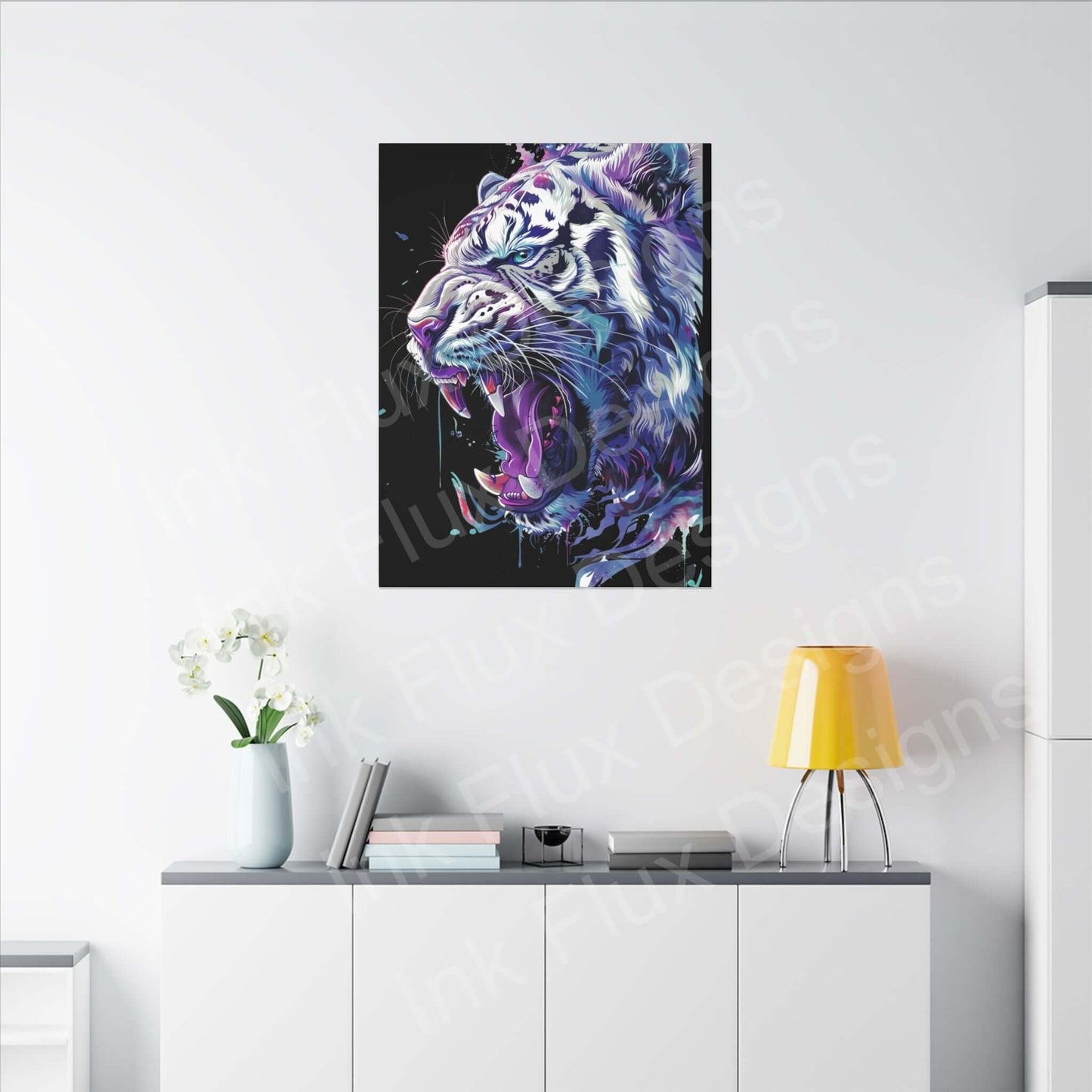 Vibrant white tiger artwork on matte canvas by Ink Flux Designs, enhancing modern interior decor.