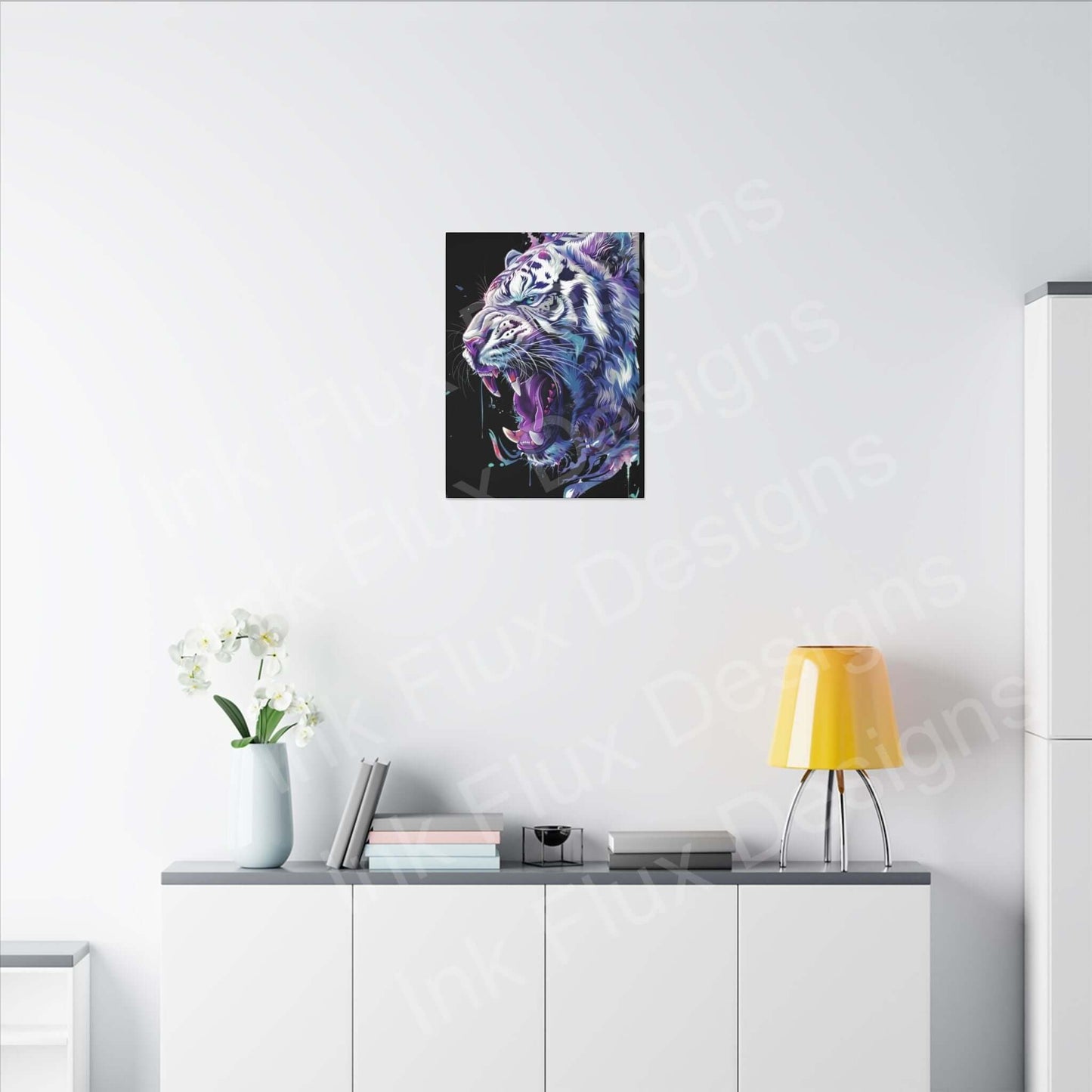 White Tiger Matte Canvas by Ink Flux Designs, showcasing vibrant artwork in a modern home setting.