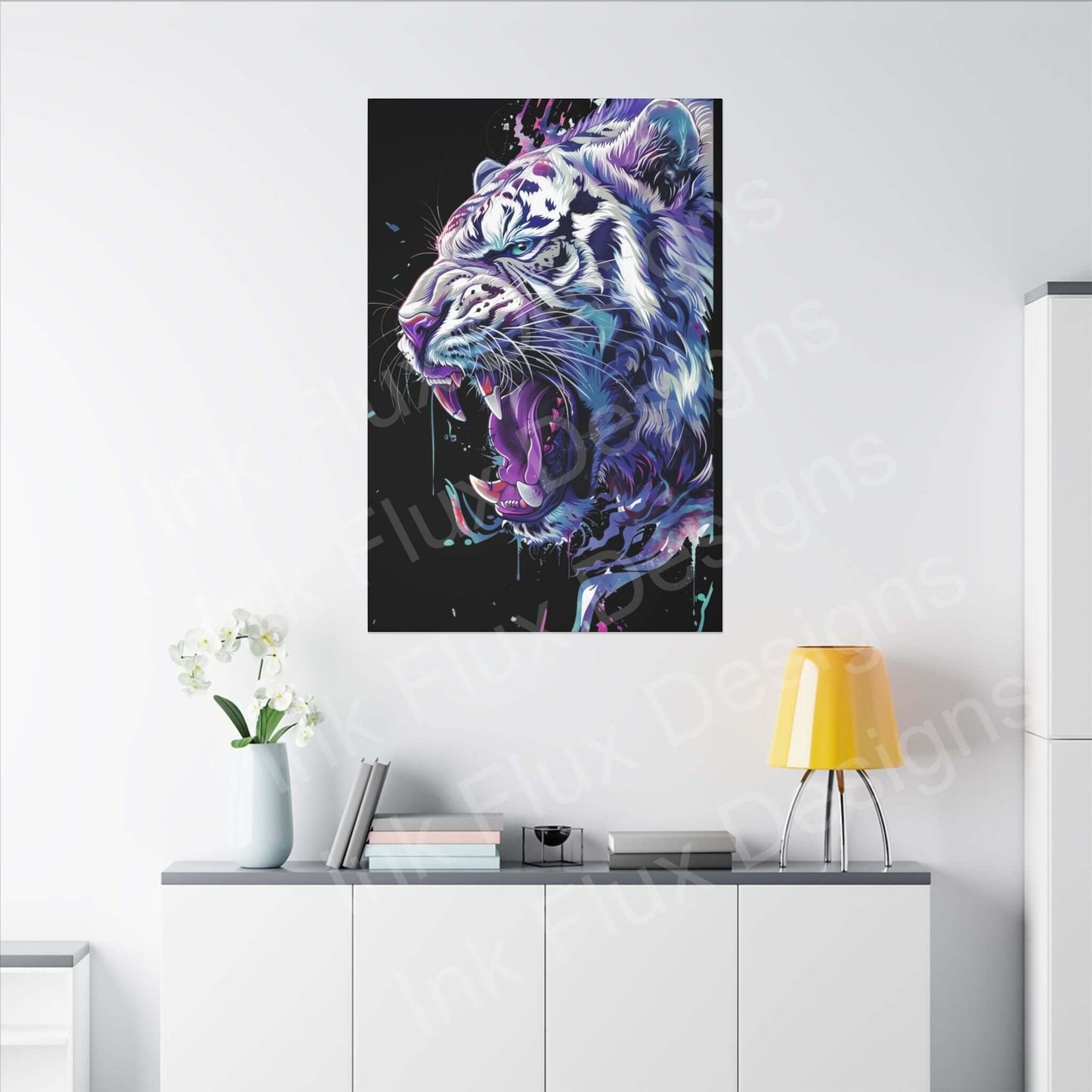 Vibrant white tiger artwork on canvas, showcasing Ink Flux Designs, perfect for home decor.