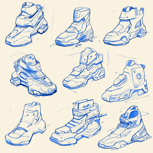 Collection of futuristic sneaker sketches by Ink Flux Designs showcasing diverse footwear concepts.