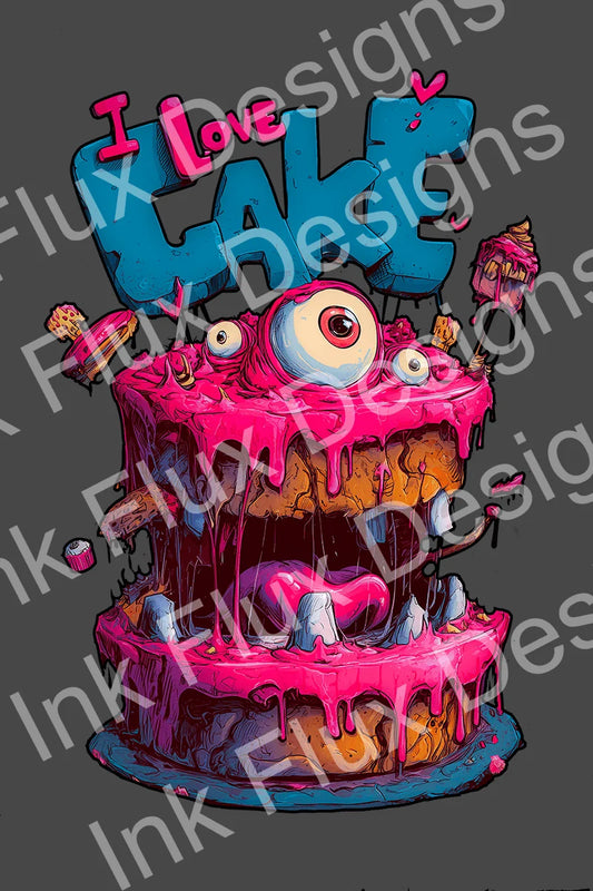 New Creation: I Love Cake III – One More Slice of Chaos featuring a colorful, chaotic cake illustration with eyes and dripping icing.