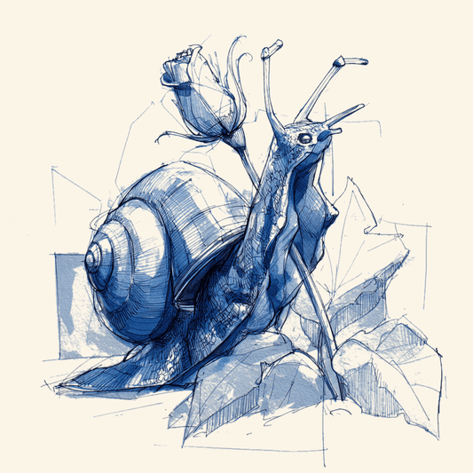 A detailed sketch of a snail and a rose, representing the concept of rose and snail sketch.