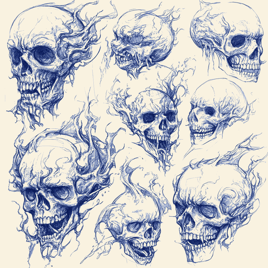 Dynamic sketches of flaming skulls illustrating themes of mortality and artistic expression for T-shirts by Ink Flux Designs.