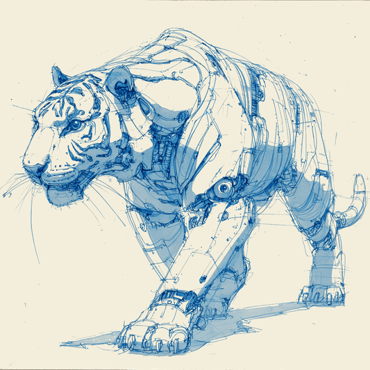 A detailed blue ink sketch of a cyber tiger prototype, illustrating the cyber tiger sketch concept.