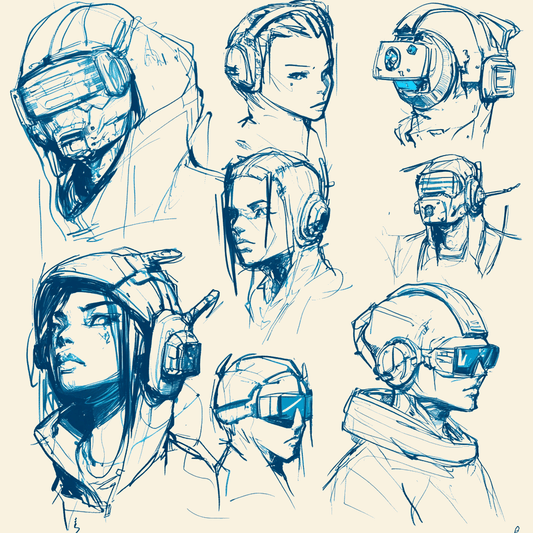 Collection of cyberpunk character sketches showcasing futuristic headgear and augmented visors in blue ink.