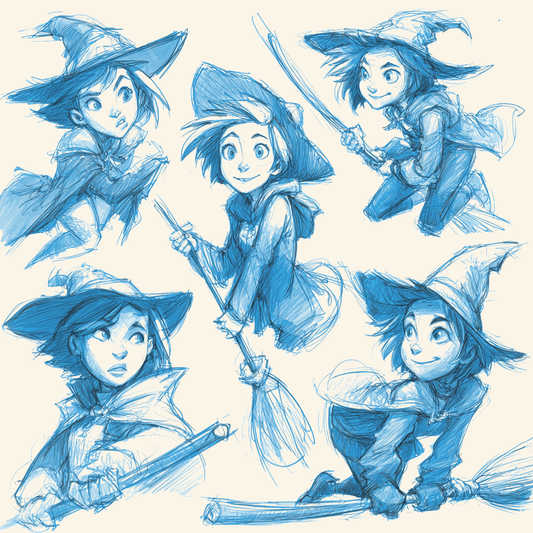 Various witch character sketches depicting a playful witch in different poses and expressions.