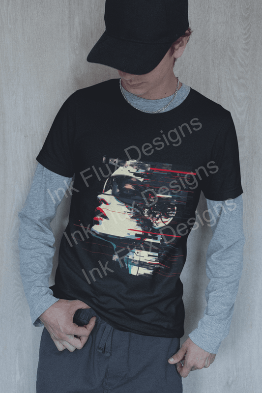 Man wearing a cyberpunk theme t-shirt with a futuristic graphic design, standing against a wooden backdrop.