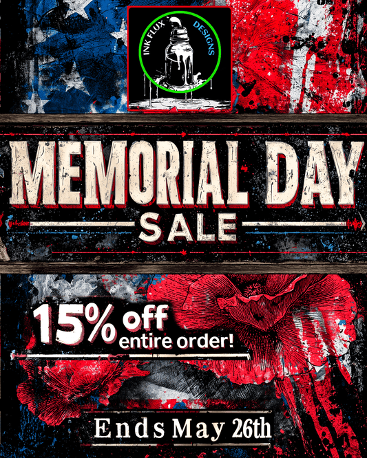 Memorial Day Sale banner with 15% off entire order and patriotic background, ends May 26th.