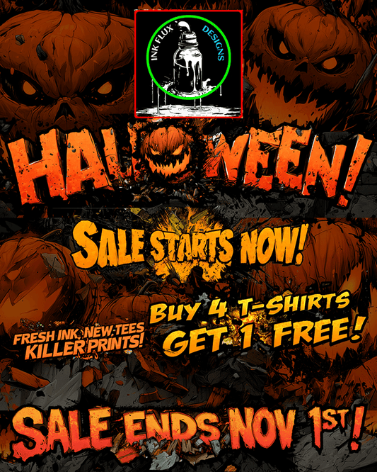 Halloween sale banner featuring sinister orange jack-o'-lanterns, shattered rocks, and bold typography promoting Buy 4 T-Shirts, Get 1 Free.
